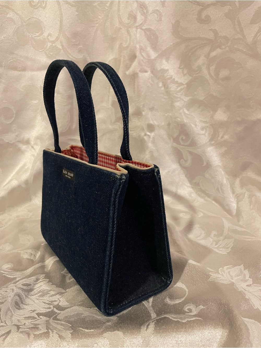 Vintage Y2K Kate Spade denim Blue Jean purse, red cottagecore gingham interior - Picture 3 of 16